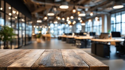 A spacious office environment features a close-up of a wooden table with a blurred background showing well-lit workstations and stylish decor under ample natural light.