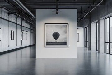 Modern gallery space, black and white hot air balloon