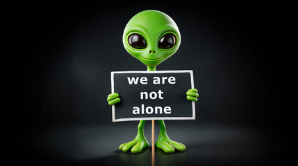 Alien holds sign stating We Are Not Alone in a dark setting emphasizing extraterrestrial themes