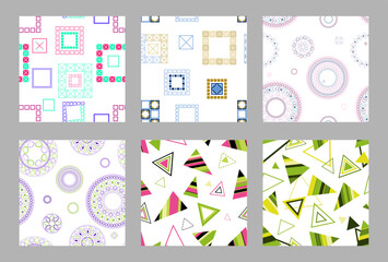 Seamless pattern of geometric shapes. Bright seamless pattern. Set of 6 patterns. Design for fabric, wallpaper, wrapping paper