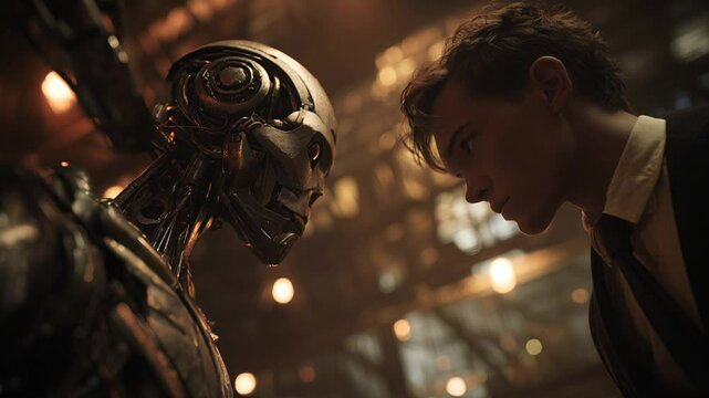 Intense face-off between young man and humanoid robot in industrial setting, symbol of AI confrontation and human tension.