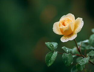Close-up of a blooming yellow rose with dew drops on petals, natural background wallpaper, layout with copy space
