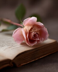 Close-up of a single dried rose lying on an old book, soft natural lighting