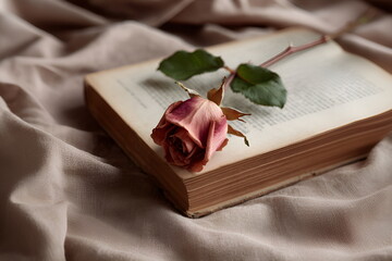 Close-up of a single dried rose lying on an old book, soft natural lighting