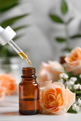 Dropper dripping rose essential oil into small amber glass bottle, close-up with soft natural lighting