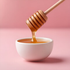 Close-up of dipper dripping golden rose honey into a small bowl, soft pink background