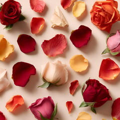 Flat lay of various dried roses and petals arranged aesthetically on a neutral background
