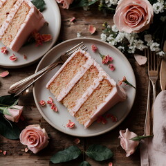 Elegant white cake decorated with fresh pink and red roses on top