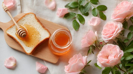 Rose honey in a transparent jar with label, surrounded by dried roses and herbs banner