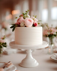 Elegant white cake decorated with fresh pink and red roses on top