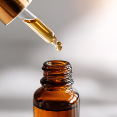 Dropper dripping rose essential oil into small amber glass bottle, close-up with soft natural lighting