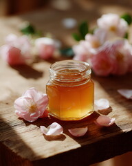 Rose honey in a transparent jar with label, surrounded by dried roses and herbs banner