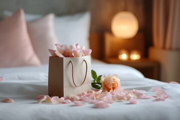 Gift bag with rose petals spilling out, surrounded by romantic decor on a bed