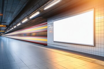 Subway station platform with moving train and blank billboard