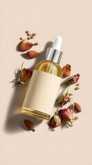 Minimalist product shot of rose oil bottle with dried rose buds and empty label mock up