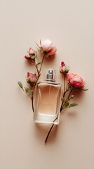 Minimalist product shot of rose oil bottle with dried rose buds and empty label mock up