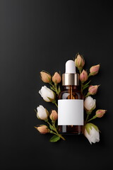 Minimalist product shot of rose oil bottle with dried rose buds and empty label mock up