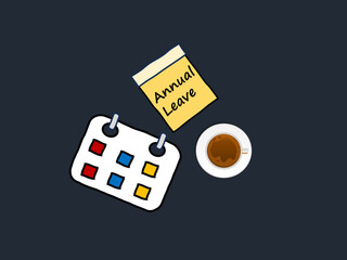 Vector illustration of a calendar, 'Annual Leave' sticky note, and a coffee cup over blue background.