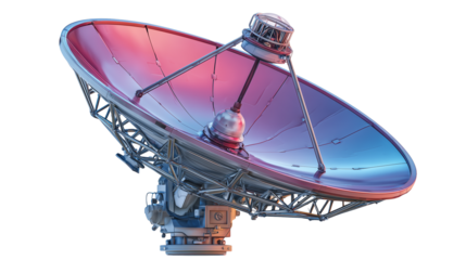 Satellite dish antenna receiving signals at a communication facility under a clear blue sky in daylight