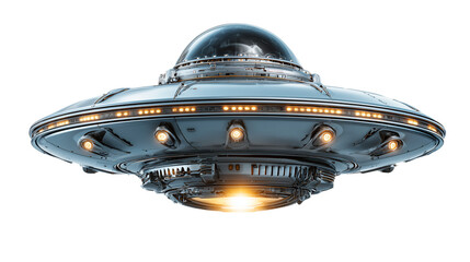 Ufo spaceship in flying saucer style hovering above landscape at twilight with glowing lights