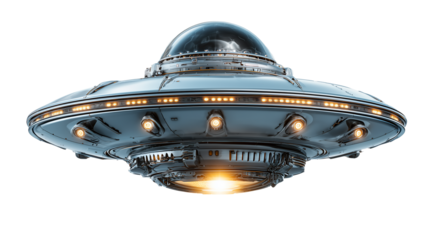 Ufo spaceship in flying saucer style hovering above landscape at twilight with glowing lights