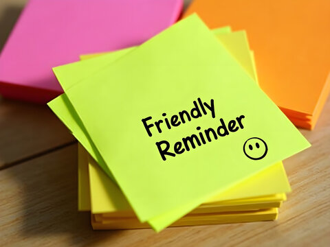 neon sticky notes, bright colorful office supplies, post-it notes, paper memo reminder, friendly reminder text, close-up office desk, stationery detail