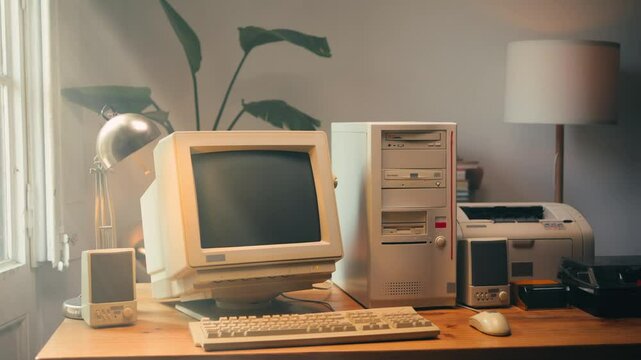 Retro pc computer gaming, Desktop vintage with loading code console, programmer making scripts, green basic screen, Old computer studio close-up, retro wave display, late 90s PC.