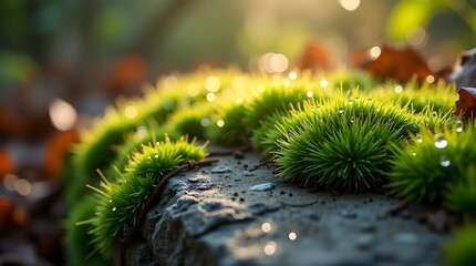 A close-up shot of dew-covered green moss growing on a stone surface, tiny water droplets glistening in soft morning light, surrounded by blurred forest floor textures