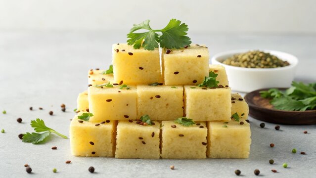 Delicious dhokla cubes with mustard seed tempering and fresh coriander vibrant indian cuisine recipe showcase home kitchen style culinary exploration - Powered by Adobe