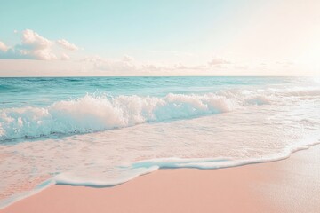 Pastel beach scene. Soft waves lapping at a light peach-colored beach, against a backdrop of a pale teal ocean and a soft, pastel sky