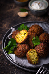 Middle Eastern falafel balls with sauce