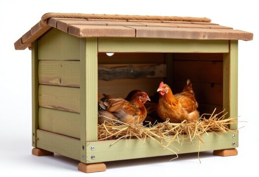 Chickens in wooden coop with straw nest
