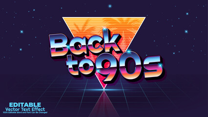 Back to 90s retro 3d editable vector text effect. Bold 80s neon, chrome, and futuristic style typography for digital design.