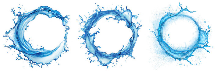 Three circular water splashes form rings, isolated on a transparent background, offering a set of refreshing design elements
