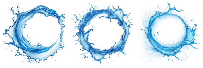 Three circular water splashes form rings, isolated on a transparent background, offering a set of refreshing design elements