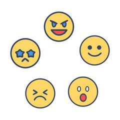 Flat Color Emoji Faces Set - Cartoon Expressions and Reactions Icons