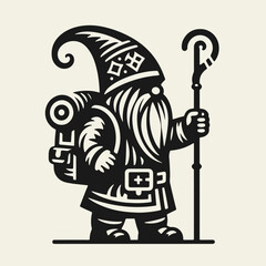 Black and white Christmas vector of a Scandinavian gnome with a backpack and staff. Whimsical flat design, festive and charming. Perfect for holiday prints and decor.