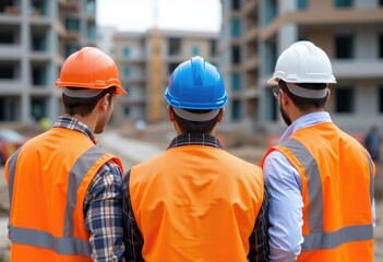 Construction workers wearing helmets at site