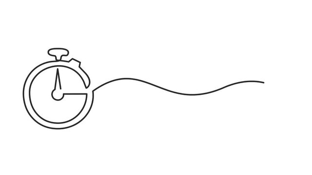 Animated self drawing of continuous line draw  timer, clock, stopwatch. . Full length one line animation. 4K