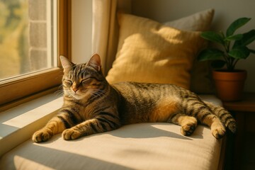 Tabby Cat Relaxing on Window Seat in Sunlight