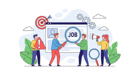 Adobe Illustrator vector flat style illustration of a team focused on job search, using magnifying glasses, a target, and a megaphone to find the right opportunity