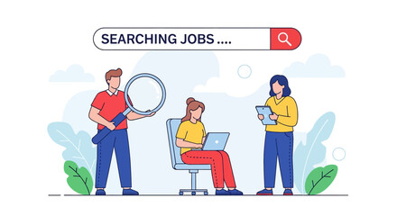 Adobe Illustrator vector flat style illustration of a diverse team collaborating on a job search, using a laptop and magnifying glass to find career opportunities
