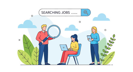 Adobe Illustrator vector flat style illustration of a diverse team collaborating on a job search, using a laptop and magnifying glass to find career opportunities