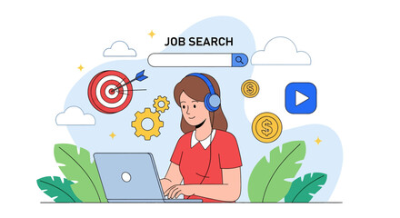 Adobe Illustrator vector flat style illustration of a woman using a laptop for job search, featuring target, gears, and magnifying glass, symbolizing career opportunities