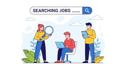 Adobe Illustrator vector flat style illustration of a diverse team collaborating on a job search, using a laptop and magnifying glass to find career opportunities