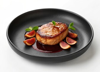 Seared foie gras with fig reduction served elegantly on a matte black plate gourmet dining experience contemporary restaurant setting close-up culinary presentation