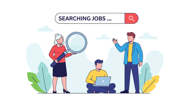 Adobe Illustrator vector flat style illustration of a diverse team collaborating on a job search, using a laptop and magnifying glass to find career opportunities