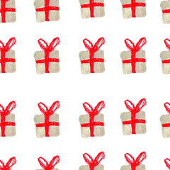 Fototapeta premium Christmas children's drawings with seamless pattern on white isolation background with wax crayons. Textural and festive repeating pattern in green,red and gray colors. New Year illustrations