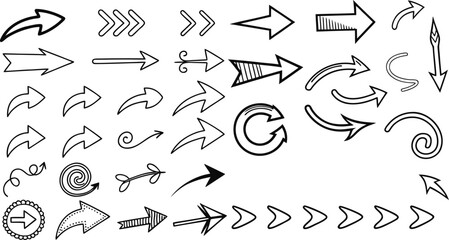 Hand drawn arrow set featuring curved, straight, dotted, and swirled arrows design, arrow vector for creative design, presentations, infographics, and decorative purposes 