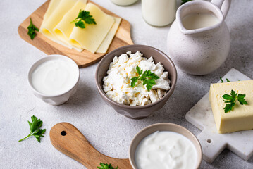 Dairy products. Milk, cottage cheese, cream, butter and yogurt